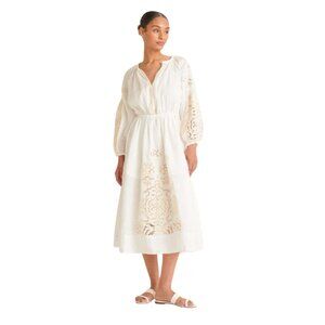 ALC Capri Midi Dress Womens 14 Ivory Off White V-Neck Long Sleeves Linen Eyelets